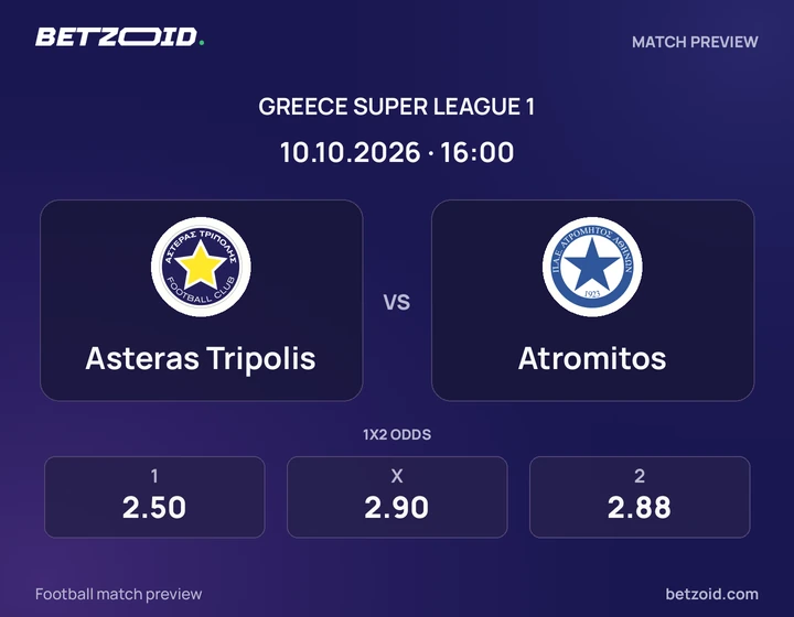 Asteras Tripolis vs Atromitos: Greece Super League 1 match preview with team badges and kick-off details.