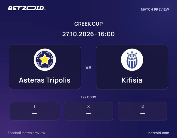 Asteras Tripolis vs Kifisia: Greek Cup match preview with team badges and kick-off details.