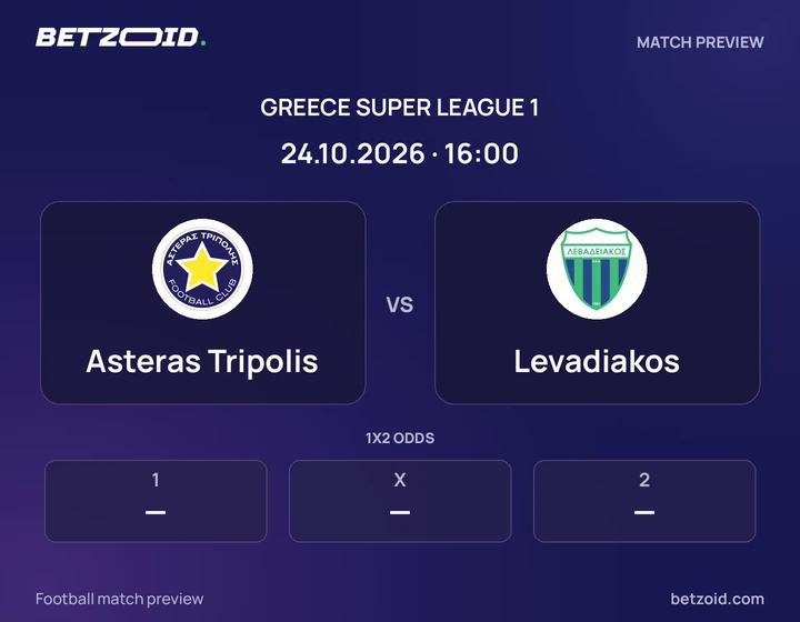 Asteras Tripolis vs Levadiakos: Greece Super League 1 match preview with team badges and kick-off details.
