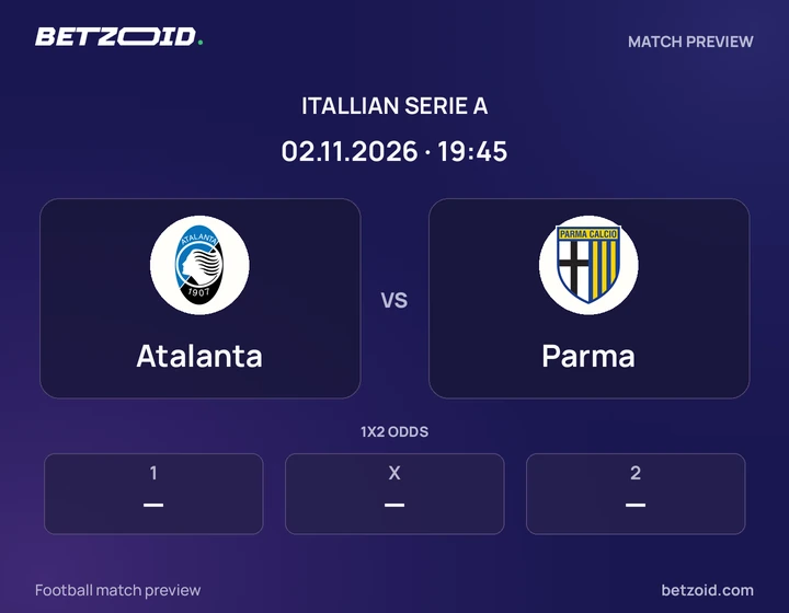 Atalanta vs Parma: Itallian Serie A match preview with team badges and kick-off details.