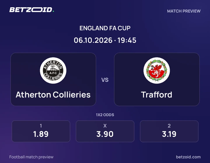 Atherton Collieries vs Trafford: England FA Cup match preview with team badges and kick-off details.