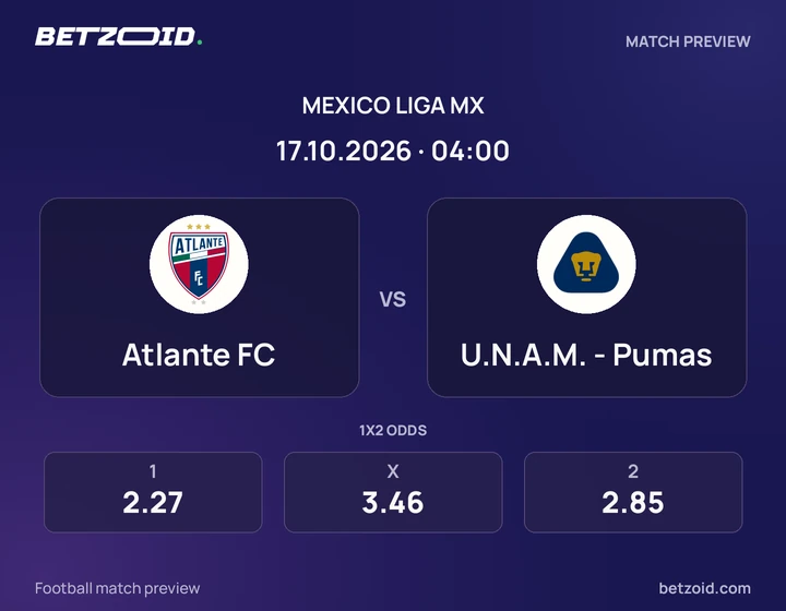 Atlante FC vs. Pumas Atlante FC vs. Pumas: previa del partido de Liga MX, con escudos y datos del encuentro.