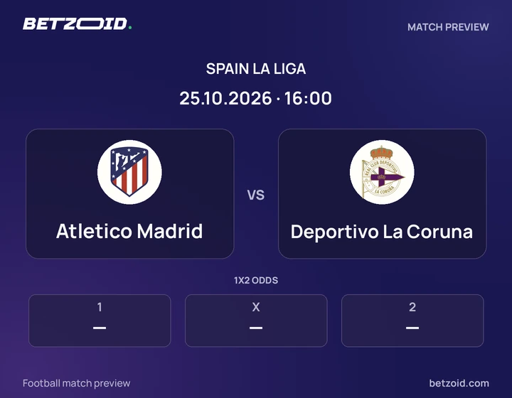 Atletico Madrid vs Deportivo La Coruna: Spain La Liga match preview with team badges and kick-off details.