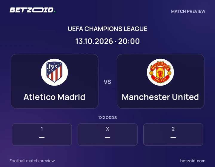 Atletico Madrid vs Manchester United: UEFA Champions League match preview with team badges and kick-off details.