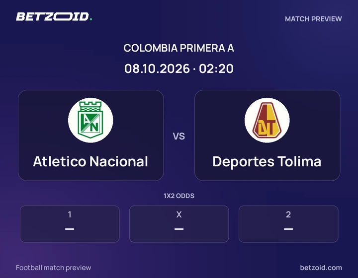 Atletico Nacional vs Deportes Tolima: Colombia Primera A match preview with team badges and kick-off details.