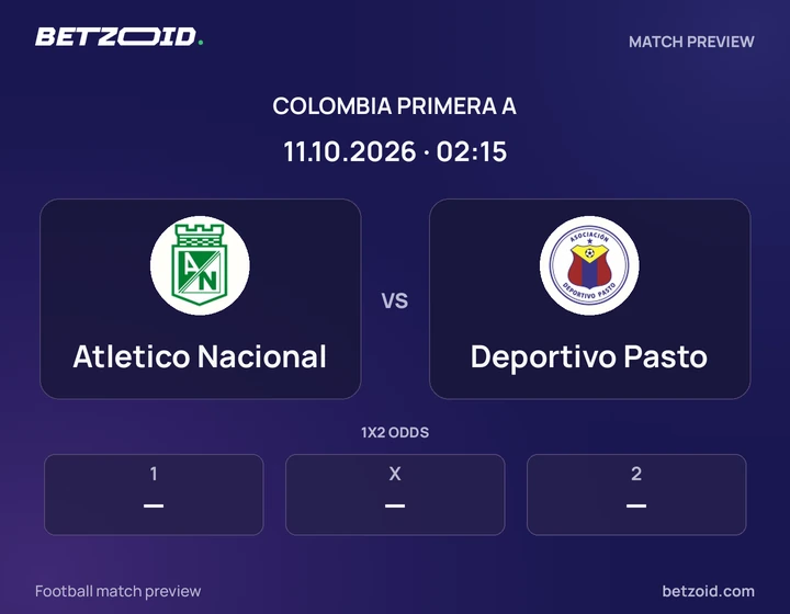 Atletico Nacional vs Deportivo Pasto: Colombia Primera A match preview with team badges and kick-off details.