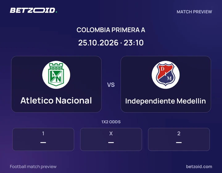 Atletico Nacional vs Independiente Medellin: Colombia Primera A match preview with team badges and kick-off details.