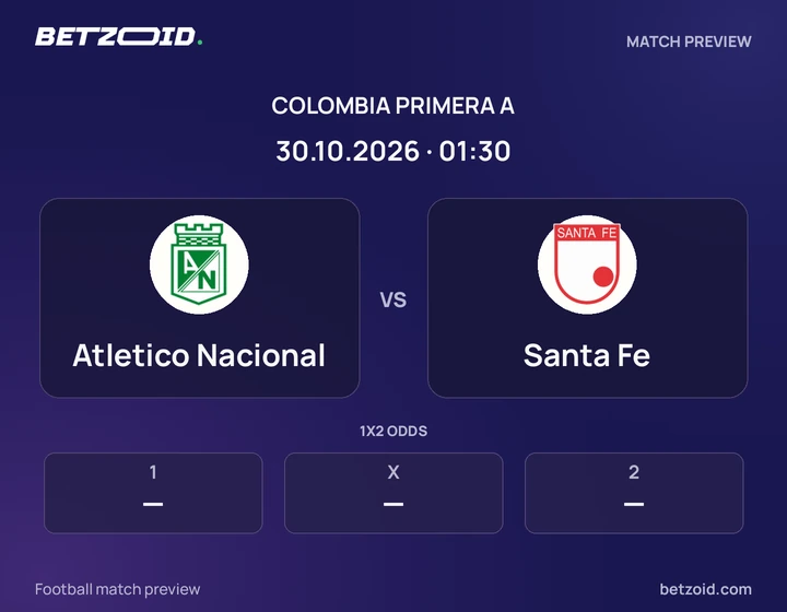 Atletico Nacional vs Santa Fe: Colombia Primera A match preview with team badges and kick-off details.
