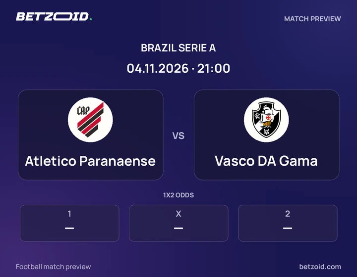 Atletico Paranaense vs Vasco DA Gama: Brazil Serie A match preview with team badges and kick-off details.