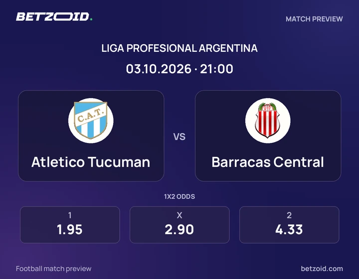 Atletico Tucuman vs Barracas Central: Liga Profesional Argentina match preview with team badges and kick-off details.