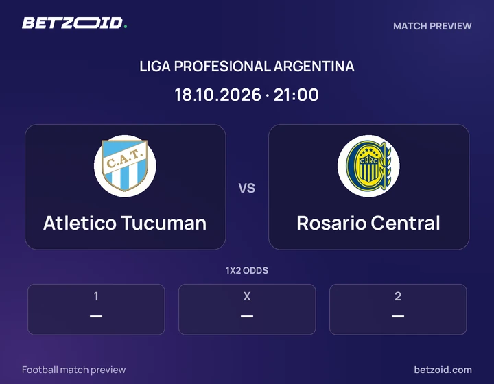 Atletico Tucuman vs Rosario Central: Liga Profesional Argentina match preview with team badges and kick-off details.