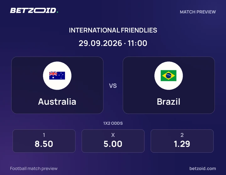 Australia vs Brazil: International Friendlies match preview with team badges and kick-off details.