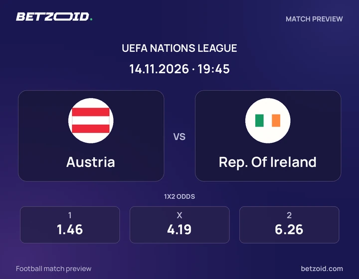 Austria vs Rep. Of Ireland: UEFA Nations League match preview with team badges and kick-off details.