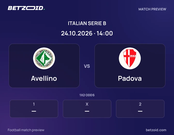 Avellino vs Padova: Italian Serie B match preview with team badges and kick-off details.