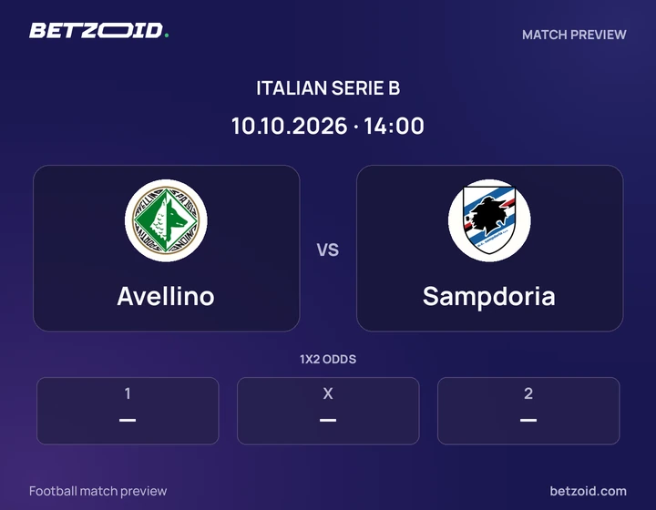 Avellino vs Sampdoria: Italian Serie B match preview with team badges and kick-off details.