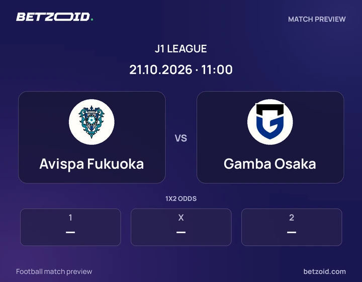 Avispa Fukuoka vs Gamba Osaka: J1 League match preview with team badges and kick-off details.