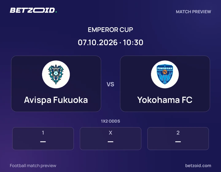 Avispa Fukuoka vs Yokohama FC: Emperor Cup match preview with team badges and kick-off details.