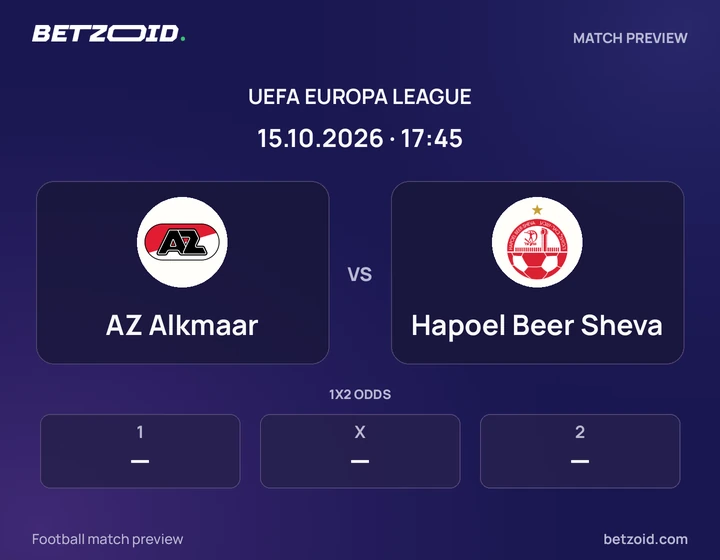 AZ Alkmaar vs Hapoel Beer Sheva: UEFA Europa League match preview with team badges and kick-off details.