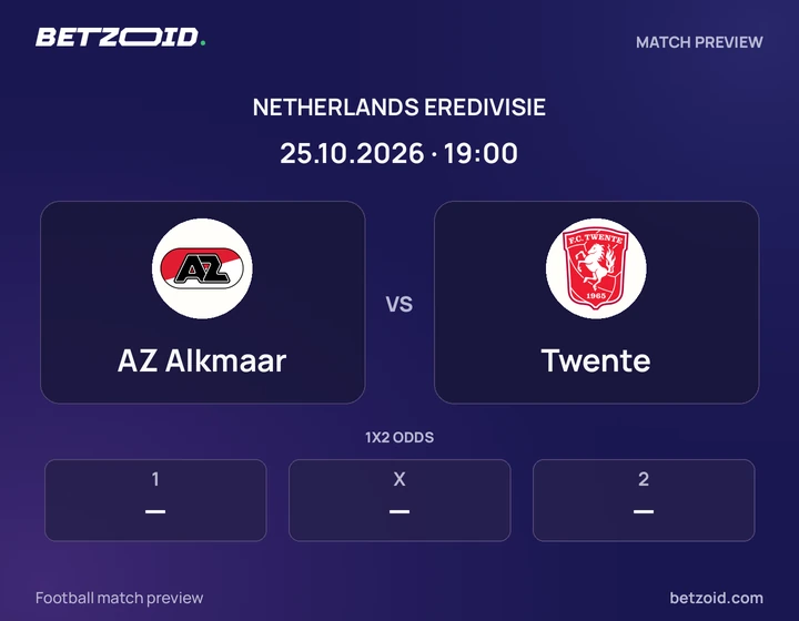 AZ Alkmaar vs Twente: Netherlands Eredivisie match preview with team badges and kick-off details.