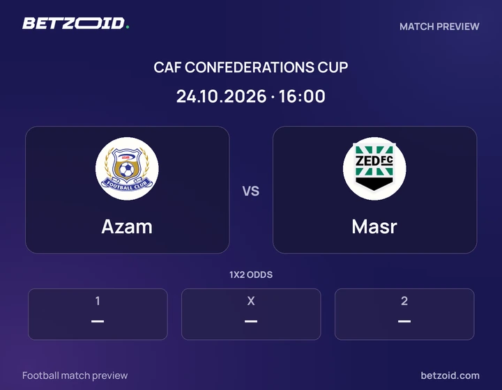 Azam vs Masr: CAF Confederations Cup match preview with team badges and kick-off details.
