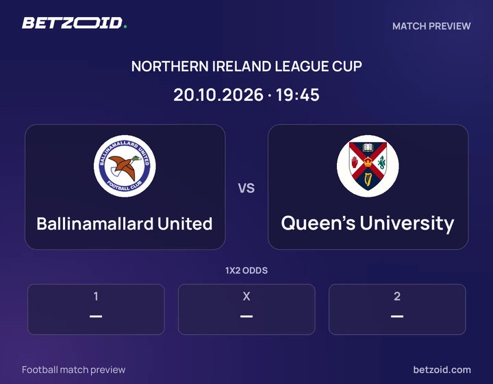 Ballinamallard United vs Queen's University: Northern Ireland League Cup match preview with team badges and kick-off details.