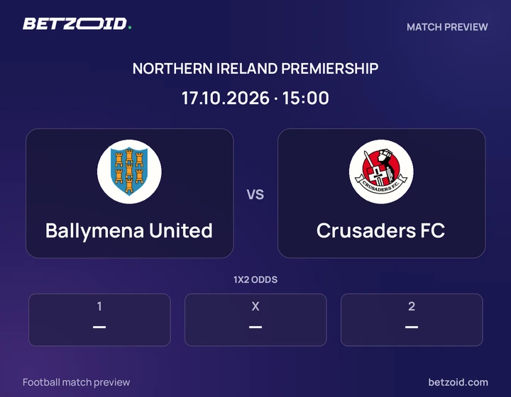 Ballymena United vs Crusaders FC: Northern Ireland Premiership match preview with team badges and kick-off details.