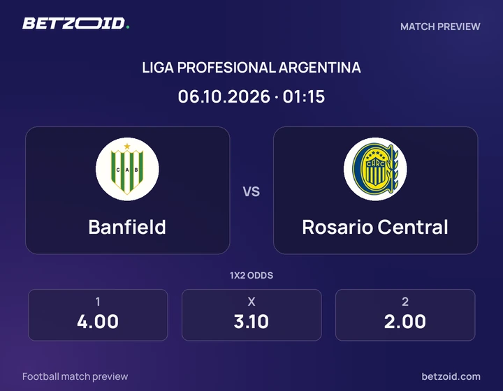 Banfield vs Rosario Central: Liga Profesional Argentina match preview with team badges and kick-off details.