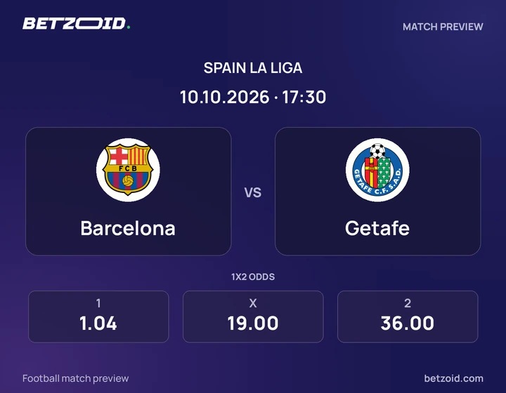 Barcelona vs Getafe: Spain La Liga match preview with team badges and kick-off details.