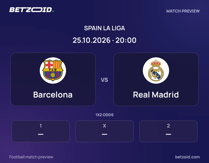 Barcelona - Real Madrid Barcelona vs Real Madrid: Spain La Liga match preview with team badges and kick-off details.