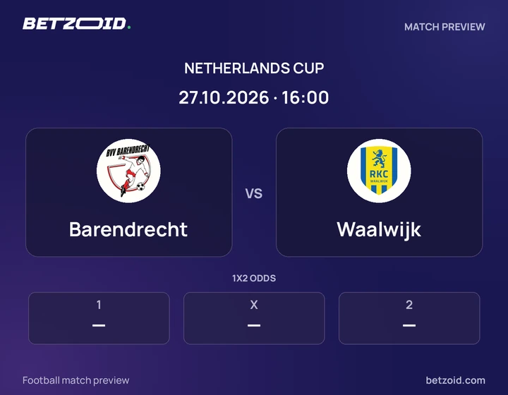 Barendrecht vs Waalwijk: Netherlands Cup match preview with team badges and kick-off details.