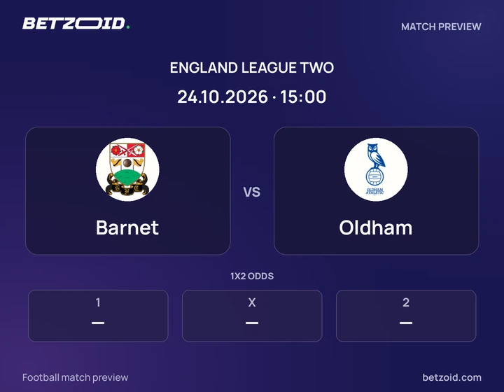 Barnet vs Oldham: England League Two match preview with team badges and kick-off details.