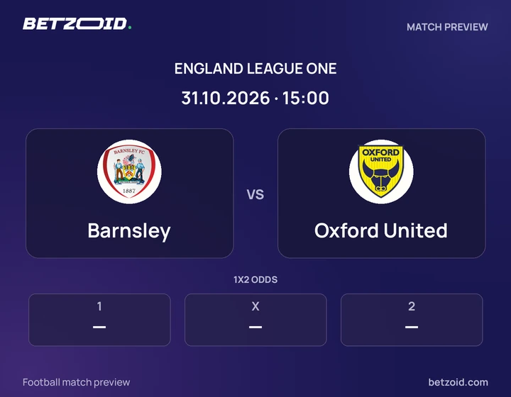 Barnsley vs Oxford United: England League One match preview with team badges and kick-off details.