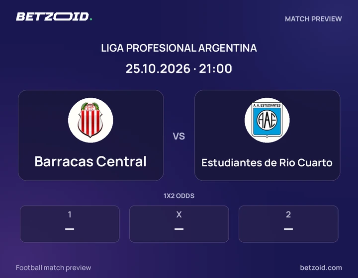 Barracas Central vs Estudiantes de Rio Cuarto: Liga Profesional Argentina match preview with team badges and kick-off details.