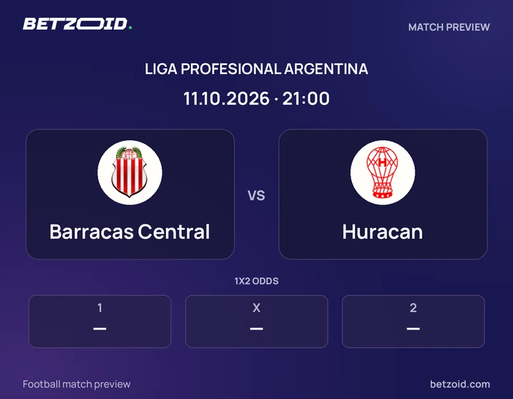 Barracas Central vs Huracan: Liga Profesional Argentina match preview with team badges and kick-off details.