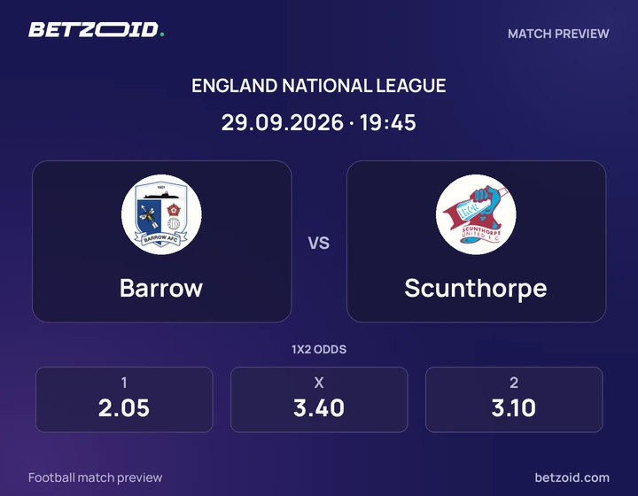 Barrow - Scunthorpe Barrow vs Scunthorpe: England National League match preview with team badges and kick-off details.