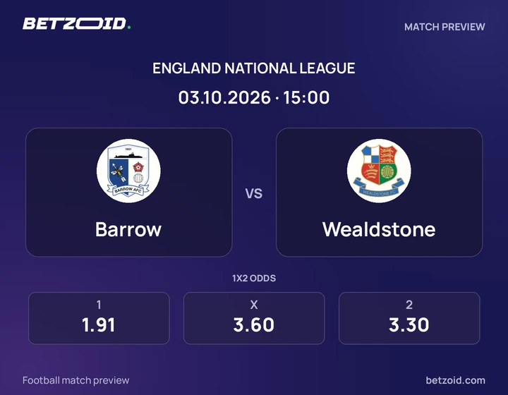 Barrow vs Wealdstone: England National League match preview with team badges and kick-off details.