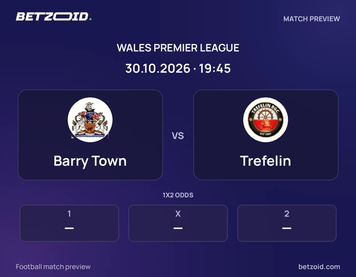 Barry Town vs Trefelin: Wales Premier League match preview with team badges and kick-off details.