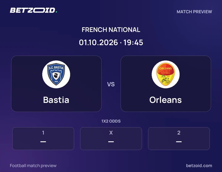 Bastia vs Orleans: French National match preview with team badges and kick-off details.