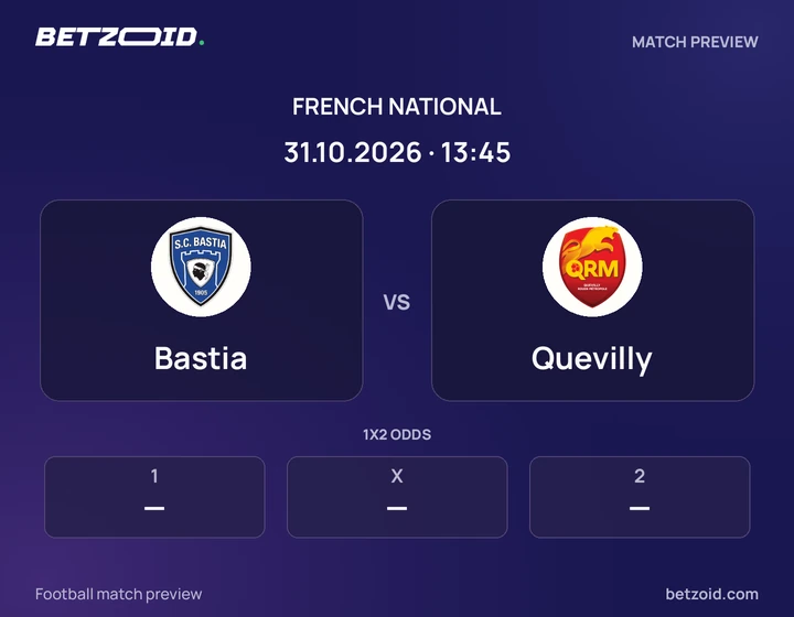 Bastia vs Quevilly: French National match preview with team badges and kick-off details.