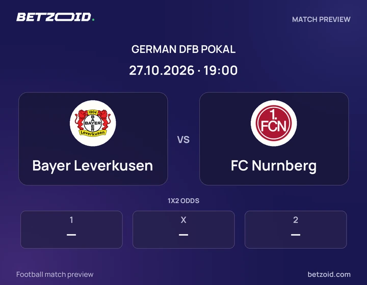 Bayer Leverkusen vs FC Nurnberg: German DFB Pokal match preview with team badges and kick-off details.