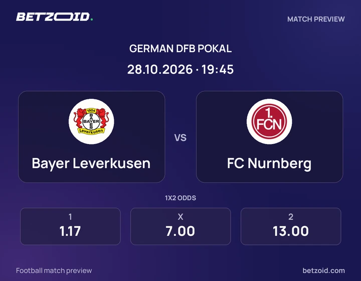 Bayer Leverkusen – FC Nurnberg Bayer Leverkusen – FC Nurnberg: Spielvorschau zum Wettbewerb DFB-Pokal mit Teamlogos und Anstoßzeit.