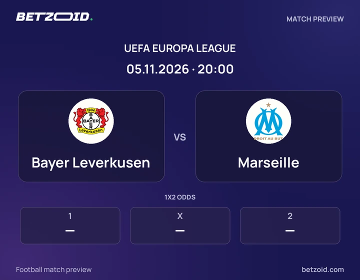 Bayer Leverkusen vs Marseille: UEFA Europa League match preview with team badges and kick-off details.