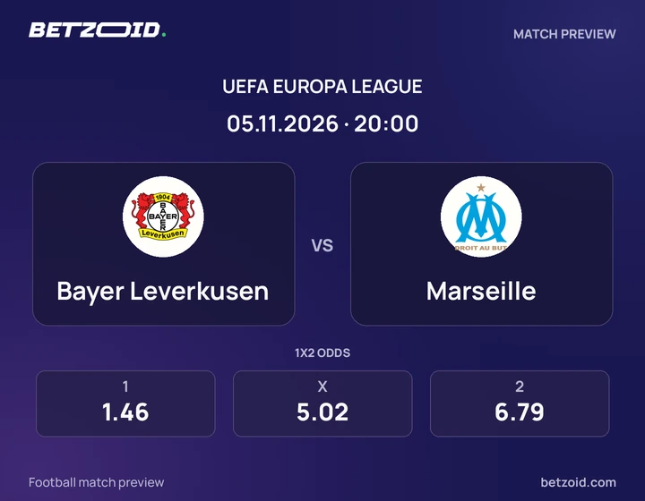 Bayer Leverkusen – Marseille Bayer Leverkusen – Marseille : présentation du match de Ligue Europa avec les logos des équipes et l’horaire du coup d’envoi.