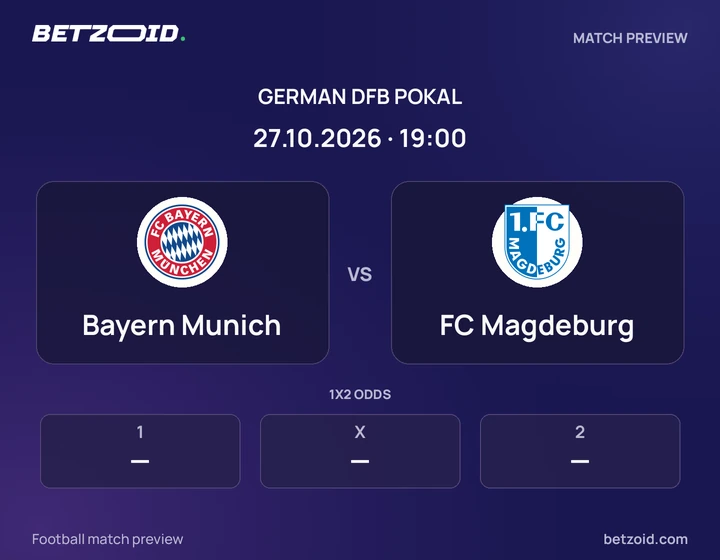 Bayern Munich vs FC Magdeburg: German DFB Pokal match preview with team badges and kick-off details.