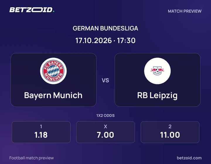 Bayern Munich vs RB Leipzig: German Bundesliga match preview with team badges and kick-off details.
