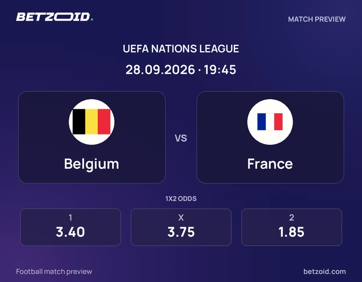 Belgium - France Belgium vs France: UEFA Nations League match preview with team badges and kick-off details.