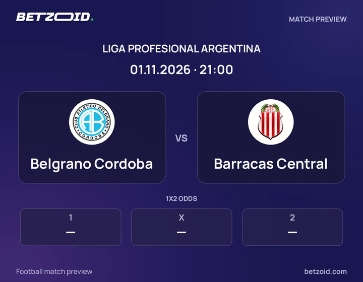 Belgrano Cordoba vs Barracas Central: Liga Profesional Argentina match preview with team badges and kick-off details.