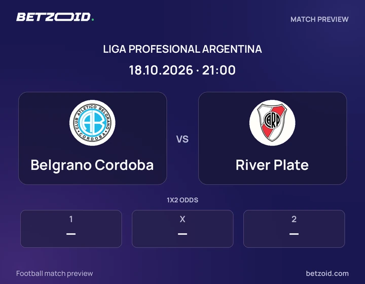Belgrano Cordoba vs River Plate: Liga Profesional Argentina match preview with team badges and kick-off details.