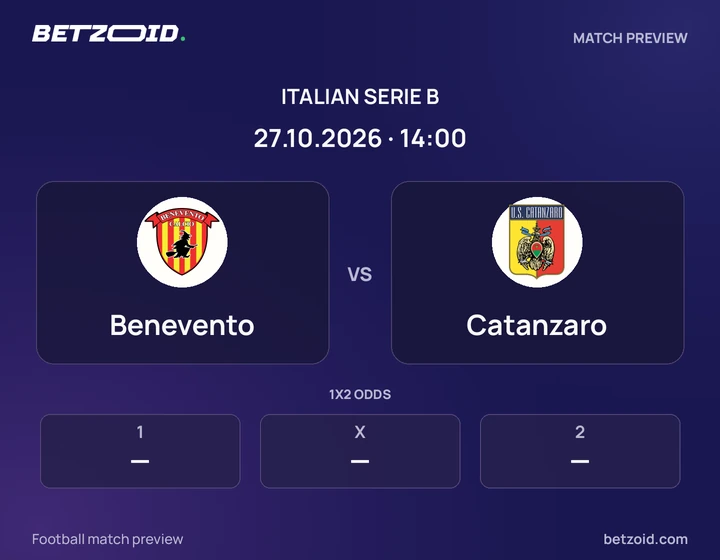 Benevento vs Catanzaro: Italian Serie B match preview with team badges and kick-off details.