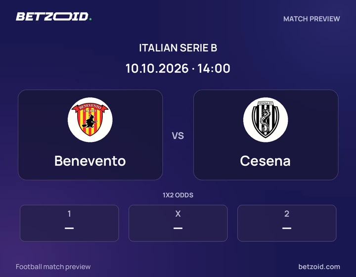 Benevento vs Cesena: Italian Serie B match preview with team badges and kick-off details.
